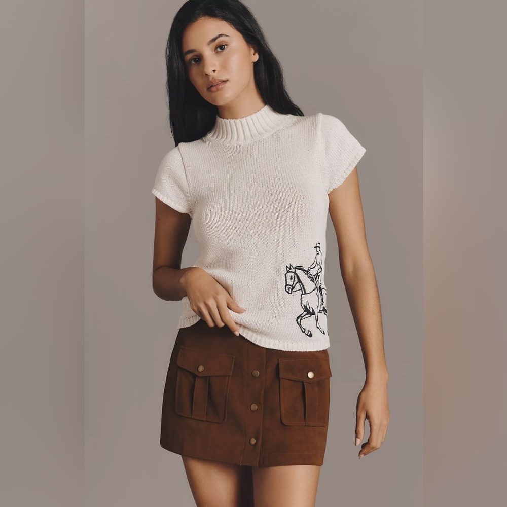 NWOT Maeve Equestrian Embroidered Mock-Neck Short-Sleeve Sweater Small Petite